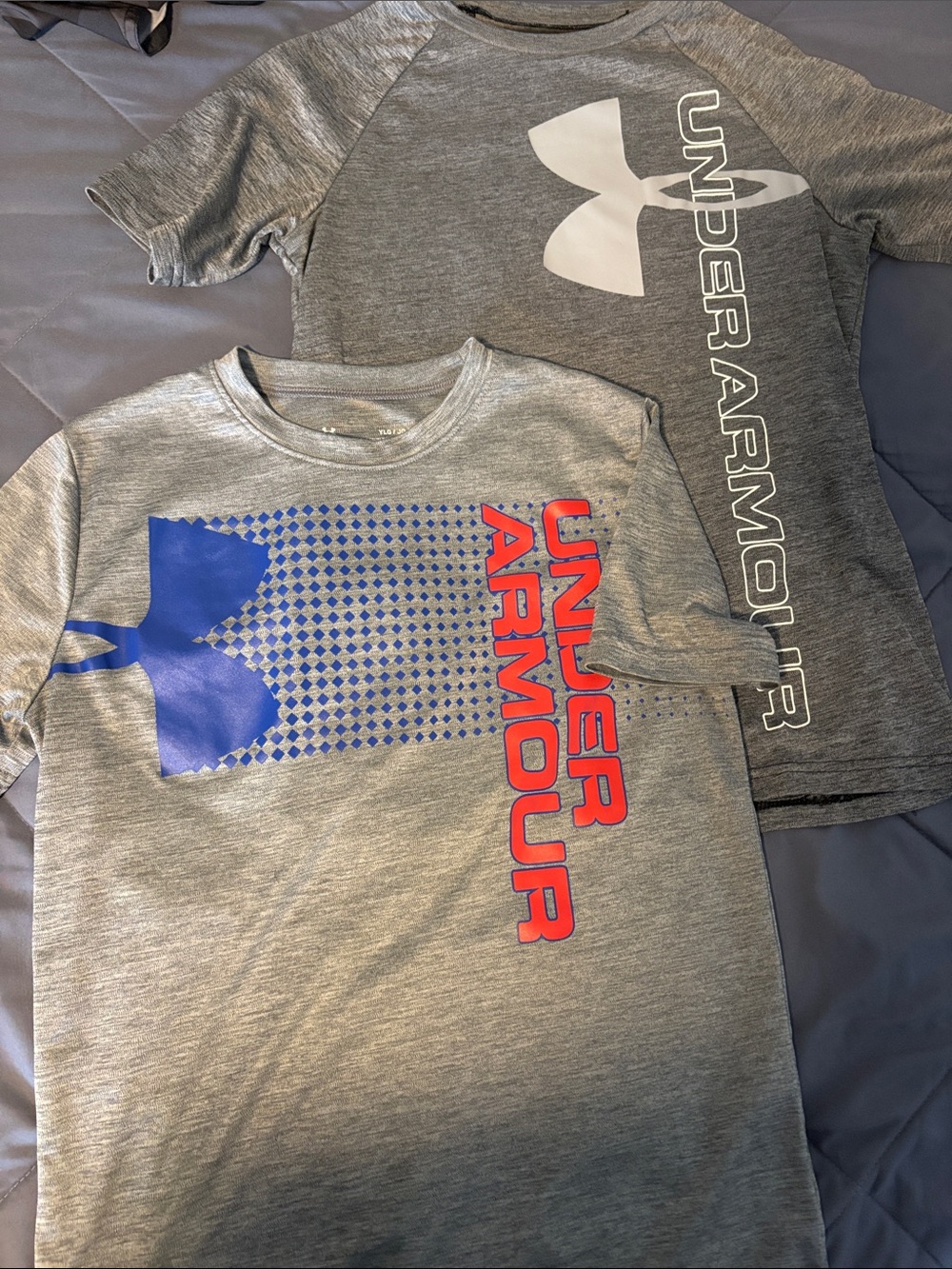 Under Armour Gray Short Sleeve Tee with Blue and Red Logo Accents